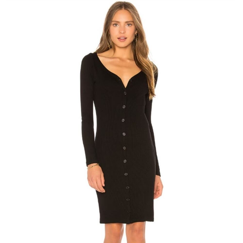 Monrow Black Ribbed Henley Button Down Long Sleeve Dress